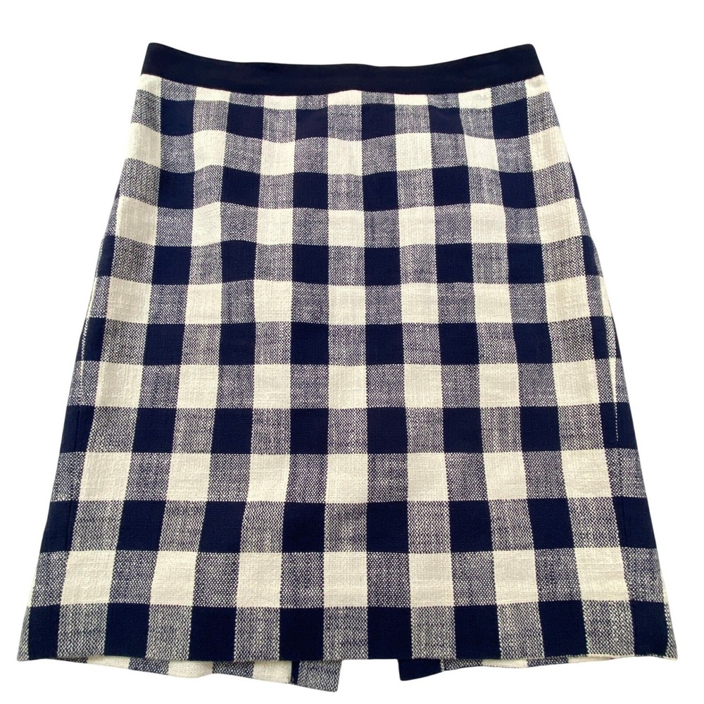 J.Crew Navy Blue White Gingham Check Textured Pencil Skirt Size 6 Lined Workwear